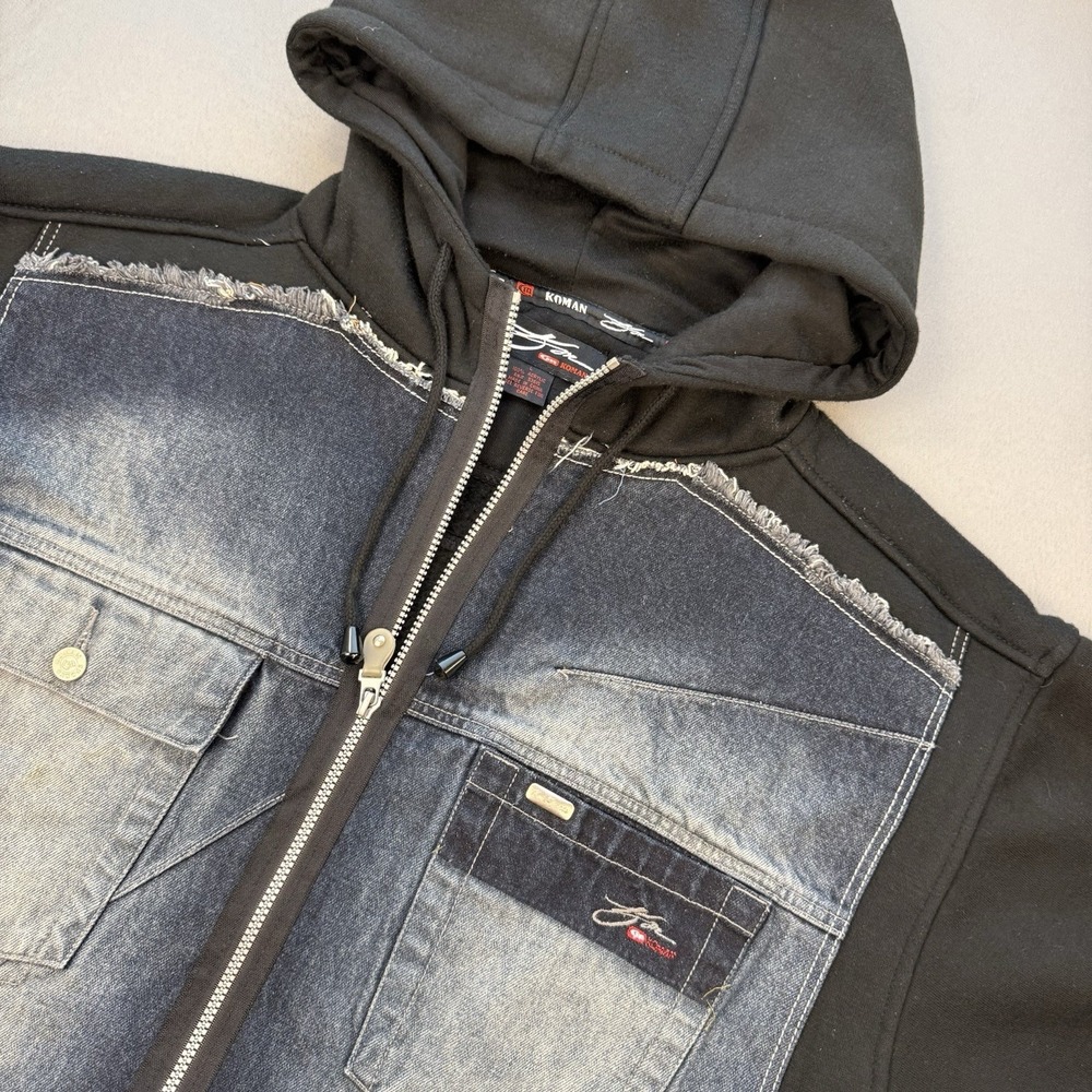KOMAN SPORTS MENS Denim Jean Hooded Full Zip Jacket Urban Hip Hop Y2K 90s Sz L‎
